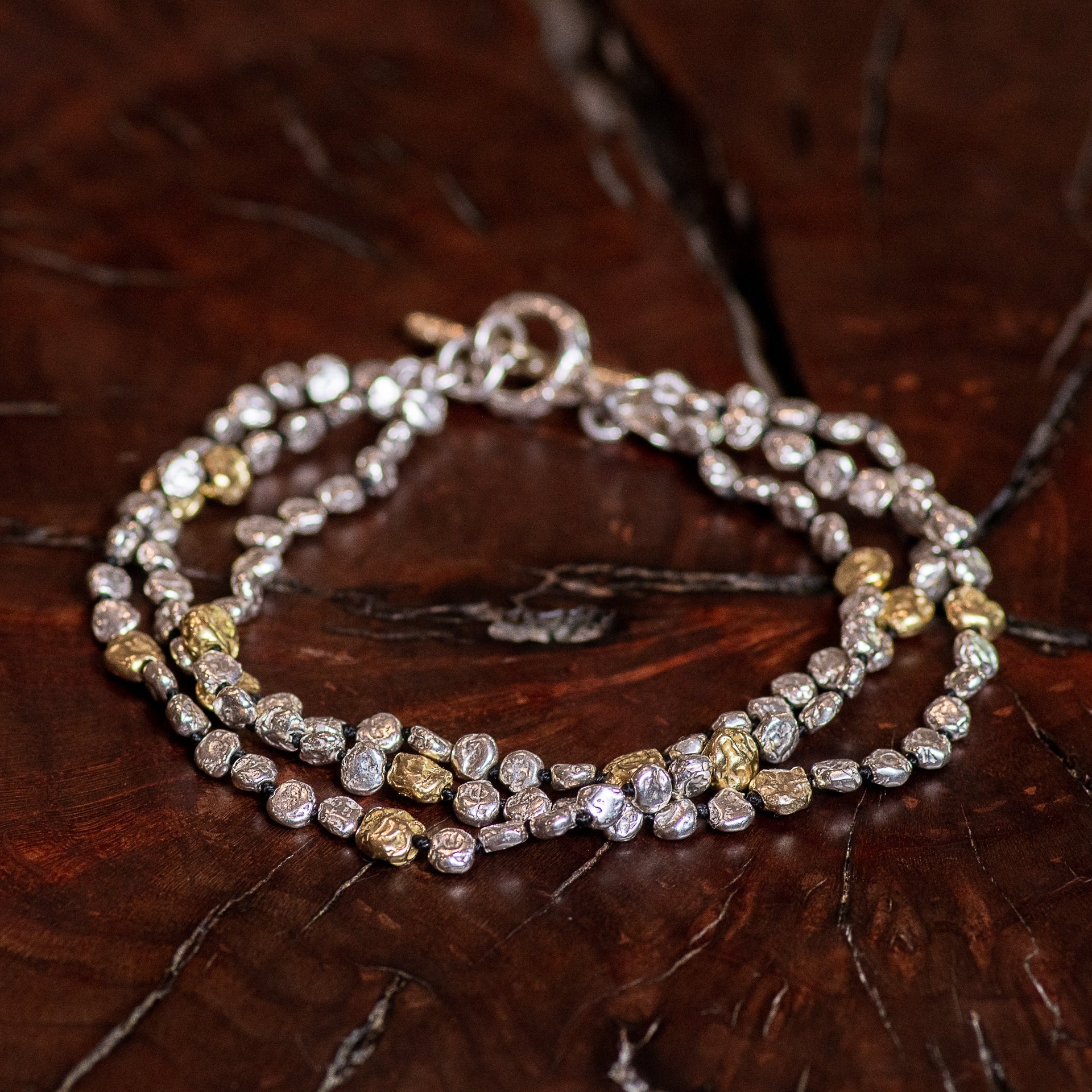 Three Strand Sterling Silver and Gold Micro Mini Lentil Bracelet