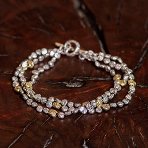 Three Strand Sterling Silver and Gold Micro Mini Lentil Bracelet