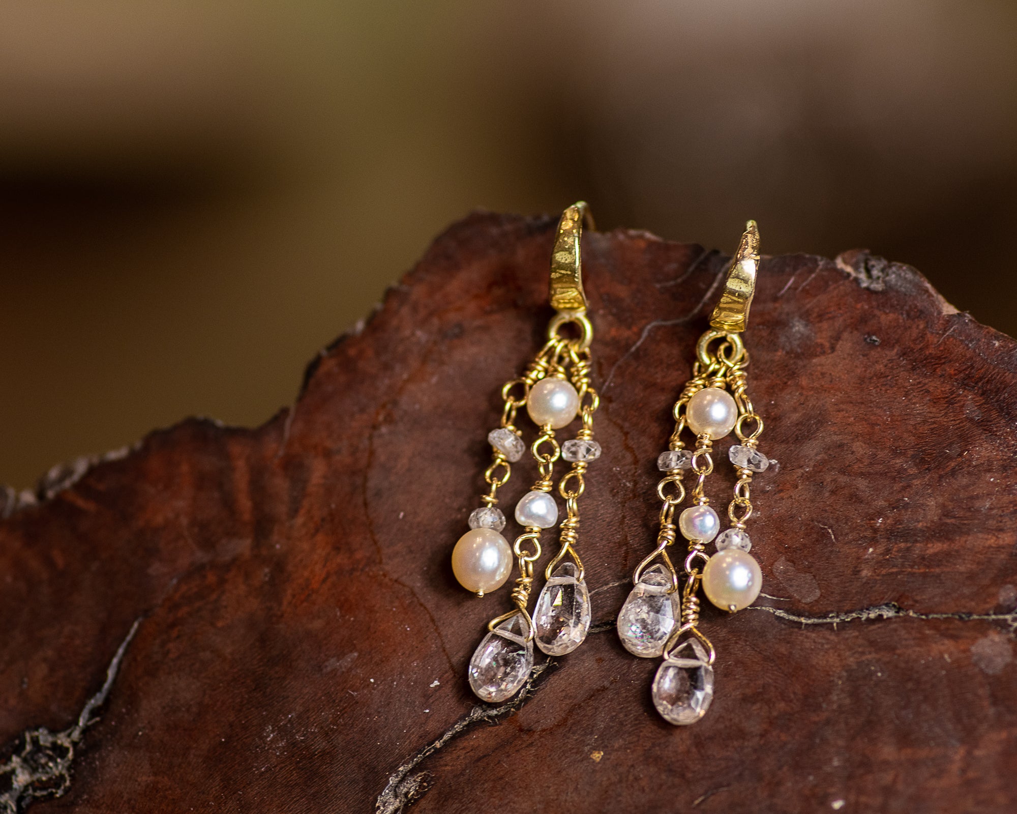 18k Gold Zircon & Pearl Chandelier Earrings